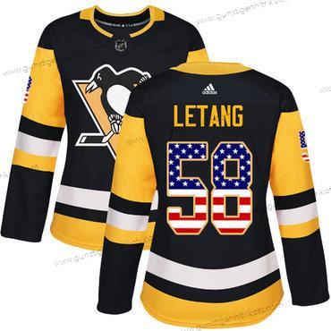 Adidas Frauen Pittsburgh Penguins #58 Kris Letang Heimtrikots Authentisch USA Flag Strickerei NHL Trikots – Schwarz