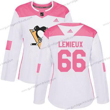 Adidas Frauen Pittsburgh Penguins #66 Mario Lemieux Authentisch Strickerei NHL Trikots – Weiß Rosa