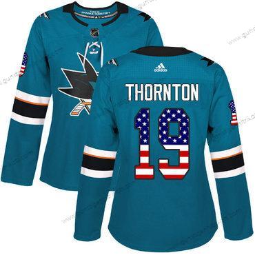 Adidas Frauen San Jose Sharks #19 Joe Thornton Heimtrikots Authentisch USA Flag Strickerei NHL Trikots – Blaugrün