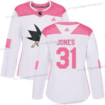 Adidas Frauen San Jose Sharks #31 Martin Jones Authentisch Strickerei NHL Trikots – Weiß Rosa