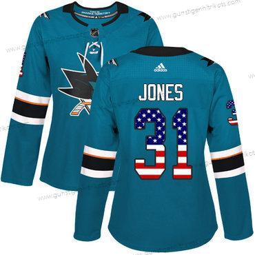 Adidas Frauen San Jose Sharks #31 Martin Jones Heimtrikots Authentisch USA Flag Strickerei NHL Trikots – Blaugrün