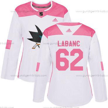 Adidas Frauen San Jose Sharks #62 Kevin Labanc Authentisch Strickerei NHL Trikots – Weiß Rosa