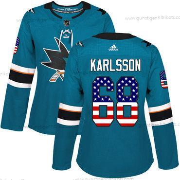 Adidas Frauen San Jose Sharks #68 Melker Karlsson Heimtrikots Authentisch USA Flag Strickerei NHL Trikots – Blaugrün