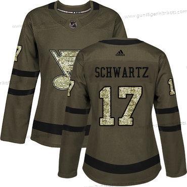 Adidas Frauen St. Louis Blues #17 Jaden Schwartz Salute to Service Strickerei NHL Trikots – Grün