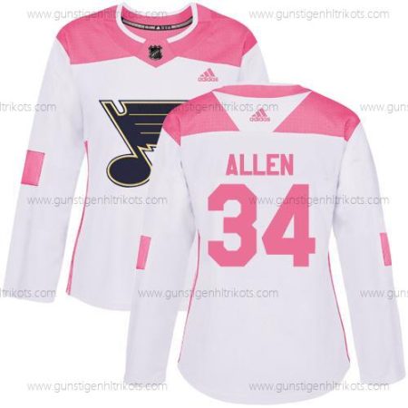 Adidas Frauen St. Louis Blues #34 Jake Allen Authentisch Strickerei NHL Trikots – Weiß Rosa