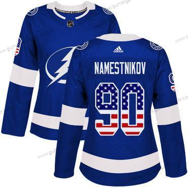 Adidas Frauen Tampa Bay Lightning #90 Vladislav Namestnikov Heimtrikots Authentisch USA Flag Strickerei NHL Trikots – Blau