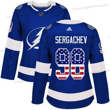 Adidas Frauen Tampa Bay Lightning #98 Mikhail Sergachev Heimtrikots Authentisch USA Flag Strickerei NHL Trikots – Blau