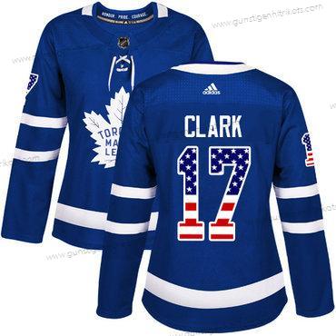 Adidas Frauen Toronto Maple Leafs #17 Wendel Clark Heimtrikots Authentisch USA Flag Strickerei NHL Trikots – Blau