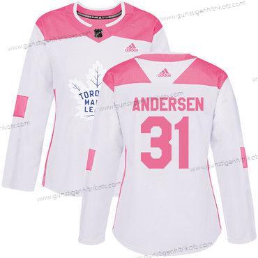 Adidas Frauen Toronto Maple Leafs #31 Frederik Andersen Authentisch Strickerei NHL Trikots – Weiß Rosa