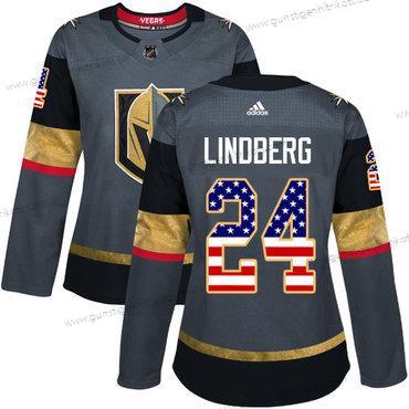 Adidas Frauen Vegas Golden Knights #24 Oscar Lindberg Heimtrikots Authentisch USA Flag Strickerei NHL Trikots – Grau