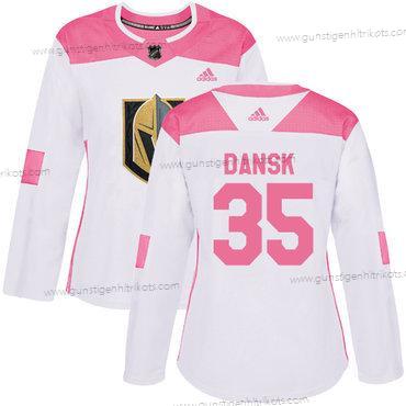 Adidas Frauen Vegas Golden Knights #35 Oscar Dansk Authentisch Strickerei NHL Trikots – Weiß Rosa