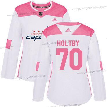 Adidas Frauen Washington Capitals #70 Braden Holtby Authentisch Strickerei NHL Trikots – Weiß Rosa