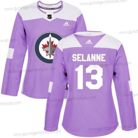 Adidas Frauen Winnipeg Jets #13 Teemu Selanne Authentisch Bekämpft Krebs Strickerei NHL Trikots – Lila