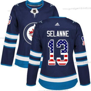 Adidas Frauen Winnipeg Jets #13 Teemu Selanne Heimtrikots Authentisch USA Flag Strickerei NHL Trikots – Marineblau Blau