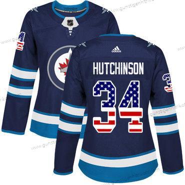 Adidas Frauen Winnipeg Jets #34 Michael Hutchinson Heimtrikots Authentisch USA Flag Strickerei NHL Trikots – Marineblau Blau