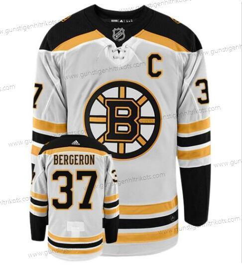 Adidas Herren Boston Bruins #37 Patrice Bergeron With C Patch Authentisch Auswärtstrikots NHL Hockey Trikots – Weiß