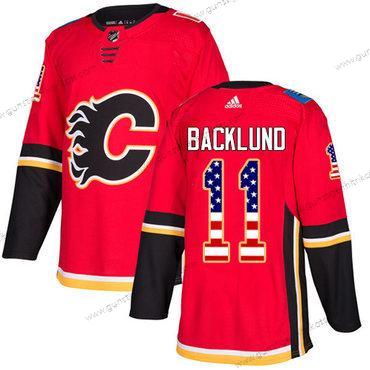 Adidas Herren Calgary Flames #11 Mikael Backlund Heimtrikots Authentisch USA Flag Strickerei NHL Trikots – Rot