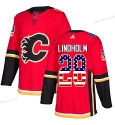 Adidas Herren Calgary Flames #28 Elias Lindholm Heimtrikots Authentisch USA Flag Strickerei NHL Trikots – Rot