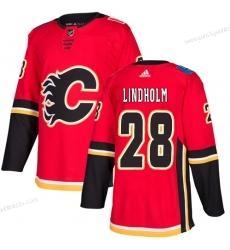 Adidas Herren Calgary Flames #28 Elias Lindholm Heimtrikots Authentisch USA Flag Strickerei NHL Trikots Version 2 – Rot