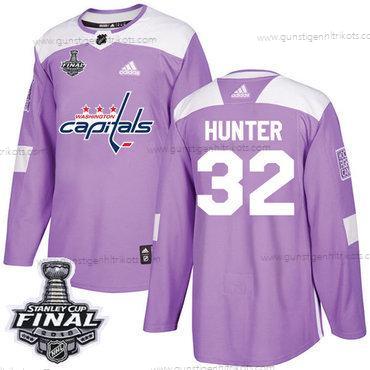 Adidas Herren Capitals #32 Dale Hunter Authentisch Bekämpft Krebs 2018 Stanley Cup Final Strickerei NHL Trikots – Lila