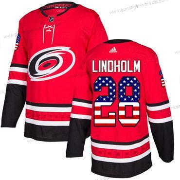 Adidas Herren Carolina Hurricanes #28 Elias Lindholm Heimtrikots Authentisch USA Flag Strickerei NHL Trikots – Rot