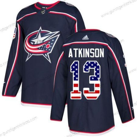 Adidas Herren Columbus Blue Jackets #13 Cam Atkinson Heimtrikots Authentisch USA Flag Strickerei NHL Trikots – Marineblau Blau