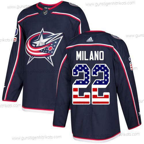 Adidas Herren Columbus Blue Jackets #22 Sonny Milano Heimtrikots Authentisch USA Flag Strickerei NHL Trikots – Marineblau Blau