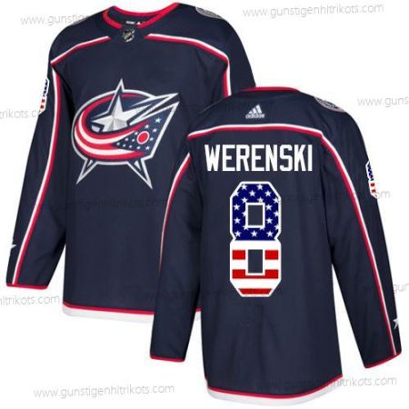 Adidas Herren Columbus Blue Jackets #8 Zach Werenski Heimtrikots Authentisch USA Flag Strickerei NHL Trikots – Marineblau Blau