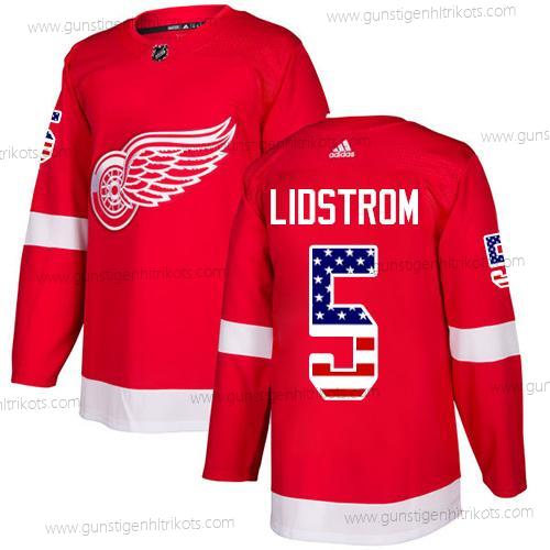 Adidas Herren Detroit Red Wings #5 Nicklas Lidstrom Heimtrikots Authentisch USA Flag Strickerei NHL Trikots – Rot