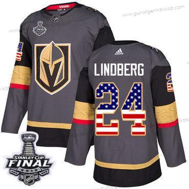 Adidas Herren Golden Knights #24 Oscar Lindberg Heimtrikots Authentisch USA Flag 2018 Stanley Cup Final Strickerei NHL Trikots – Grau