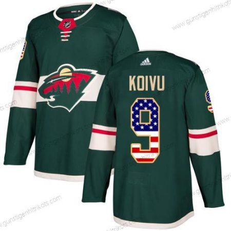 Adidas Herren Minnesota Wild #9 Mikko Koivu Heimtrikots Authentisch USA Flag Strickerei NHL Trikots – Grün