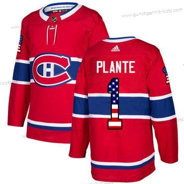 Adidas Herren Montreal Canadiens #1 Jacques Plante Heimtrikots Authentisch USA Flag Strickerei NHL Trikots – Rot