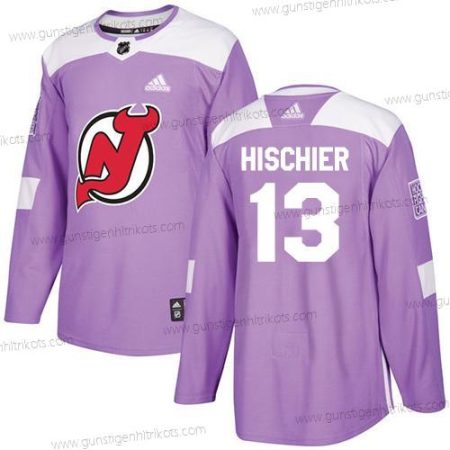 Adidas Herren New Jersey Devils #13 Nico Hischier Authentisch Bekämpft Krebs Strickerei NHL Trikots – Lila