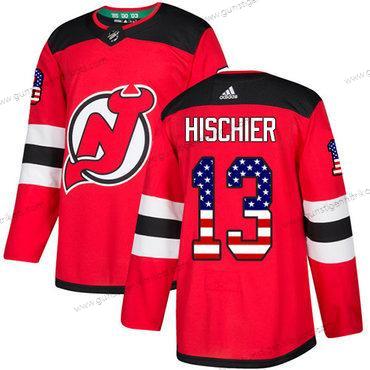 Adidas Herren New Jersey Devils #13 Nico Hischier Heimtrikots Authentisch USA Flag Strickerei NHL Trikots – Rot