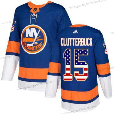 Adidas Herren New York Islanders #15 Cal Clutterbuck Royal Heimtrikots Authentisch USA Flag Strickerei NHL Trikots – Blau