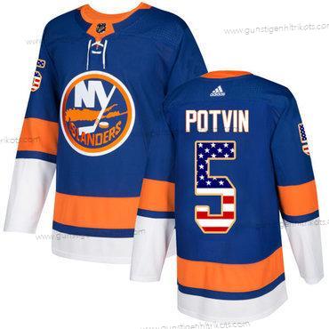 Adidas Herren New York Islanders #5 Denis Potvin Royal Heimtrikots Authentisch USA Flag Strickerei NHL Trikots – Blau