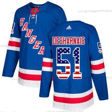 Adidas Herren New York Rangers #51 David Desharnais Royal Heimtrikots Authentisch USA Flag Strickerei NHL Trikots – Blau