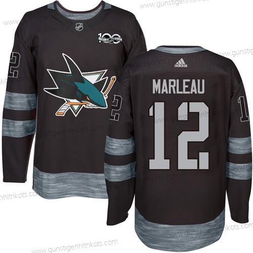 Adidas Herren San Jose Sharks #12 Patrick Marleau 100th Jahrestag Strickerei NHL 2017 Hockey Trikots – Schwarz