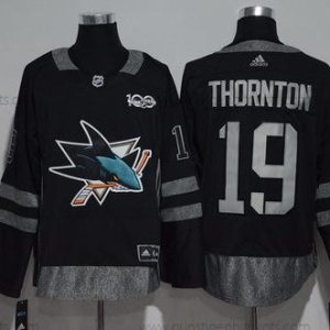 Adidas Herren San Jose Sharks #19 Joe Thornton 100th Jahrestag Strickerei NHL 2017 Hockey Trikots – Schwarz