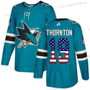 Adidas Herren San Jose Sharks #19 Joe Thornton Heimtrikots Authentisch USA Flag Strickerei NHL Trikots – Blaugrün