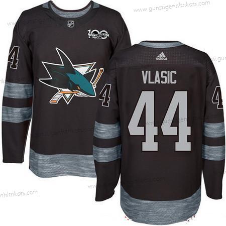 Adidas Herren San Jose Sharks #44 Marc-Edouard Vlasic 100th Jahrestag Strickerei NHL 2017 Hockey Trikots – Schwarz