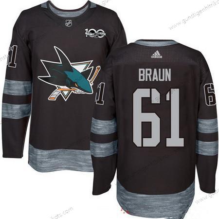 Adidas Herren San Jose Sharks #61 Justin Braun 100th Jahrestag Strickerei NHL 2017 Hockey Trikots – Schwarz