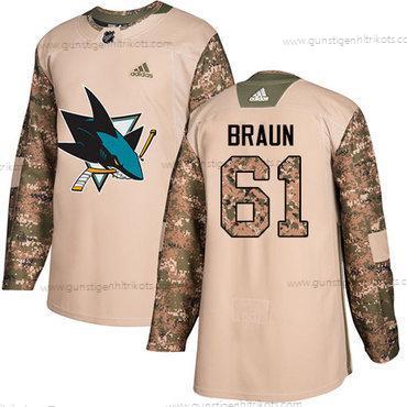 Adidas Herren San Jose Sharks #61 Justin Braun Authentisch 2017 Veterans Day Strickerei NHL Trikots – Tarnfarbe