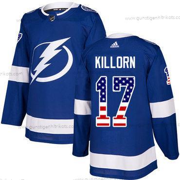 Adidas Herren Tampa Bay Lightning #17 Alex Killorn Heimtrikots Authentisch USA Flag Strickerei NHL Trikots – Blau