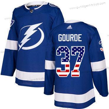 Adidas Herren Tampa Bay Lightning #37 Yanni Gourde Heimtrikots Authentisch USA Flag Strickerei NHL Trikots – Blau