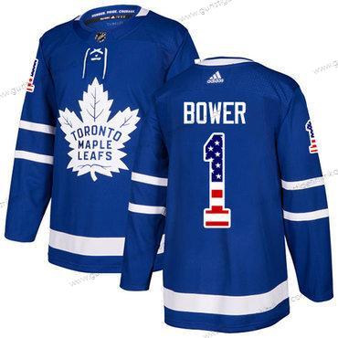 Adidas Herren Toronto Maple Leafs #1 Johnny Bower Heimtrikots Authentisch USA Flag Strickerei NHL Trikots – Blau