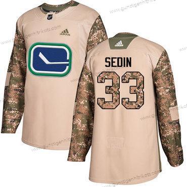 Adidas Herren Vancouver Canucks #33 Henrik Sedin Authentisch 2017 Veterans Day Strickerei NHL Trikots – Tarnfarbe