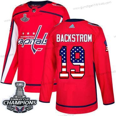 Adidas Herren Washington Capitals #19 Nicklas Backstrom Heimtrikots Authentisch USA Flag Stanley Cup Final Champions Strickerei NHL Trikots – Rot