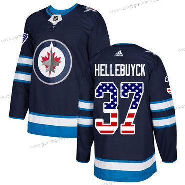 Adidas Herren Winnipeg Jets #37 Connor Hellebuyck Heimtrikots Authentisch USA Flag Strickerei NHL Trikots – Marineblau Blau