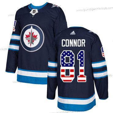 Adidas Herren Winnipeg Jets #81 Kyle Connor Heimtrikots Authentisch USA Flag Strickerei NHL Trikots – Marineblau Blau